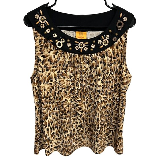 Ruby Rd. Petite Sleeveless Animal Print Top Embellished Black Collar Sz PXL - Picture 1 of 10